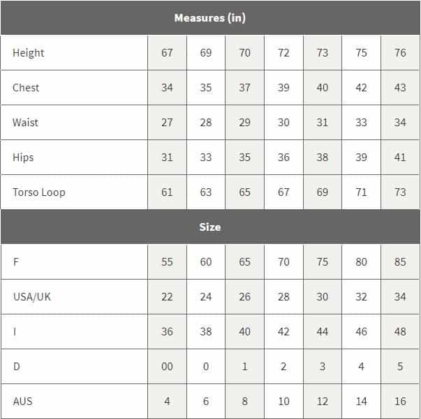 Arena Tech Suit Size Chart